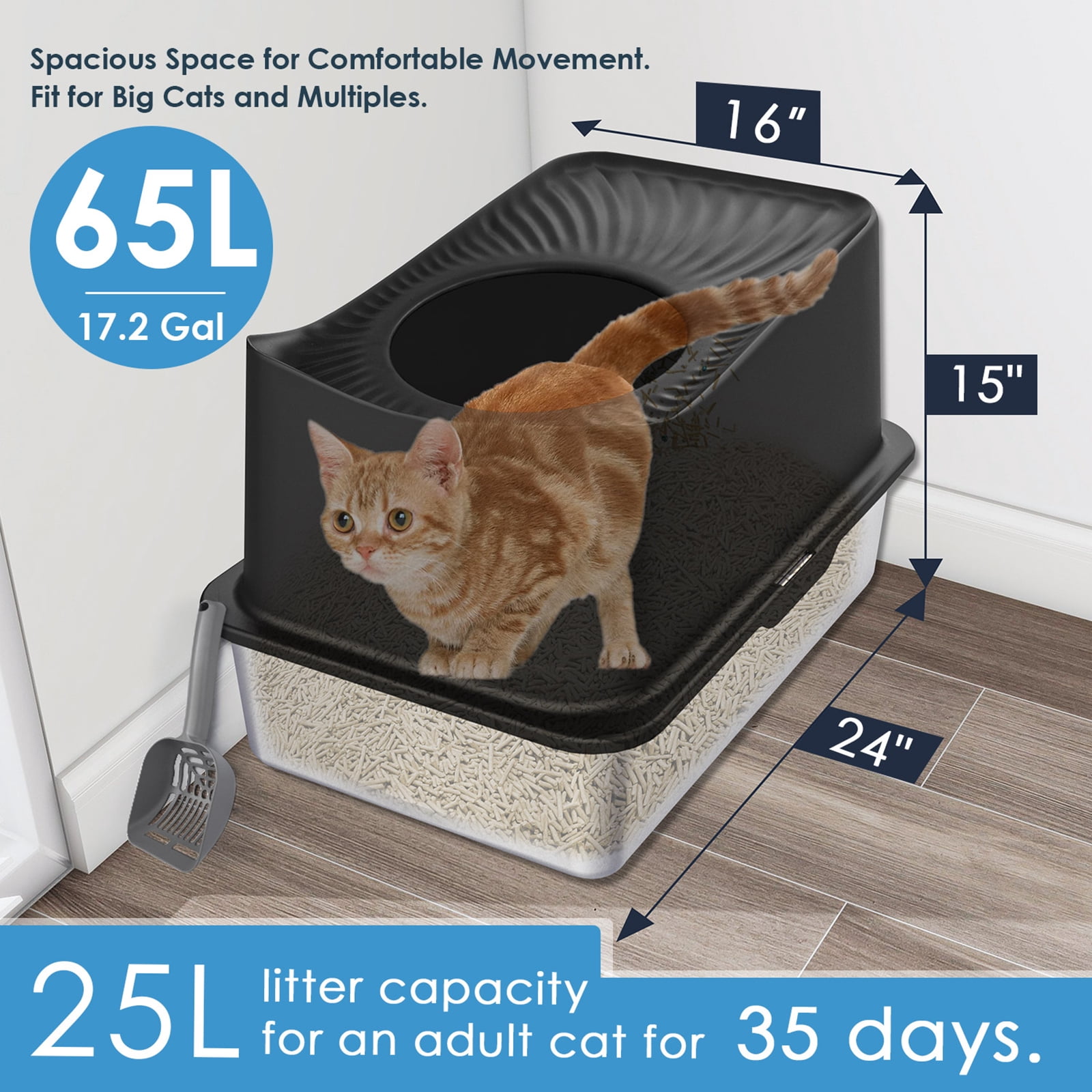 Top Entry Cat Litter Box with Lid, Extra Large Stainless Steel Kitty Litter Box for Big Cats, Easy Cleaning, Never Absorbs Odor, Stains, XL Metal Litter Pan Tray with High Wall Sides Enclosure, Black