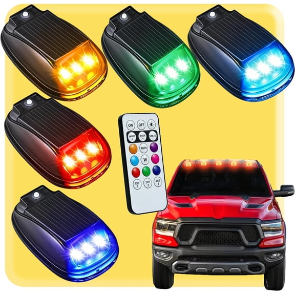 Solar Cab Lights for Truck, 2026 New Solar Car Roof RGB Strobe Light, No Drill Solar Powered Cab Lights,Solar Waterproof Cab Roof Lights, with Remote Control, for Truck SUV Rvs Motorcycle (5pcs)