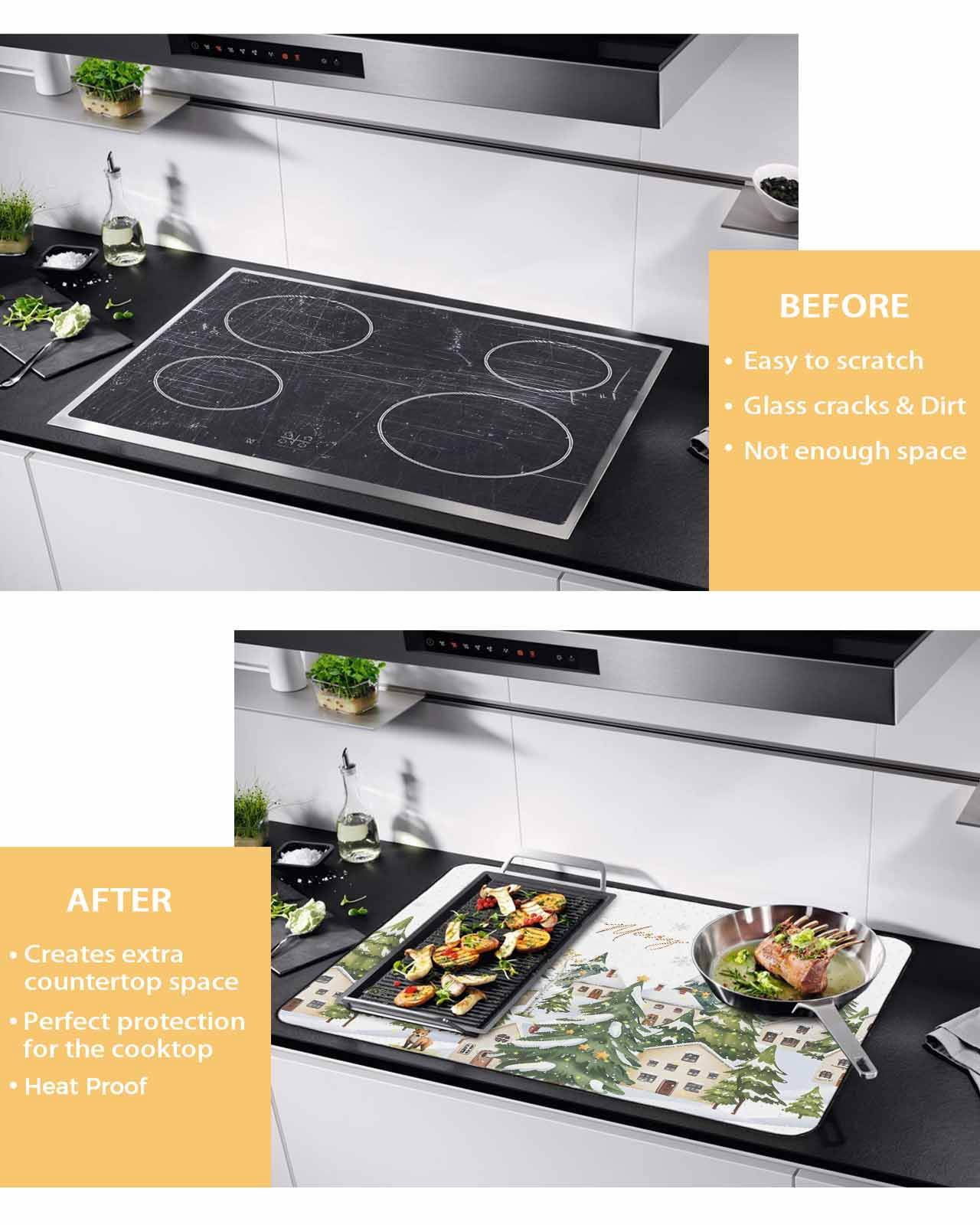 Large Induction Cooktop Protector Mat Christmas Stove Top Covers for Electric Stove, Winter Xmas Trees Snowflakes Country Cabin Decorative Stove Burner Cover Mats, Glass Top Stove Cover