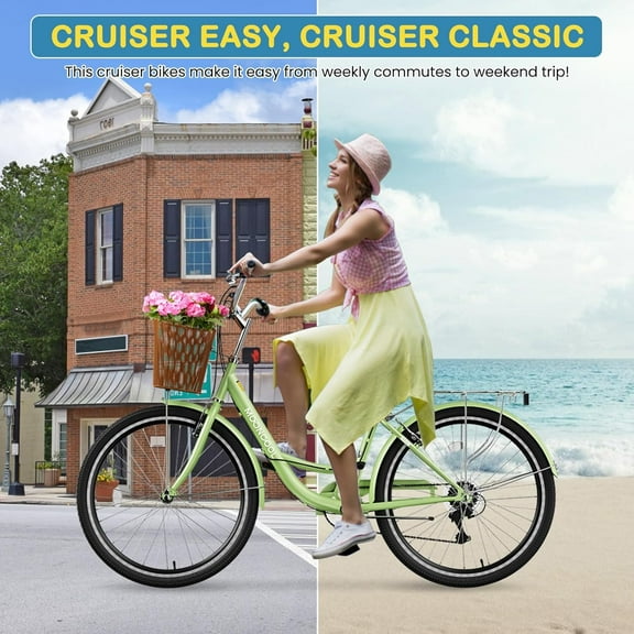 FICISOG 7 Speed Womens Bike with Rattan Basket & Lock, 24/26 inch Beach Cruiser Bike for Women, Womens Commuter Bicycle Lightweight City Bikes for Adults Ladies