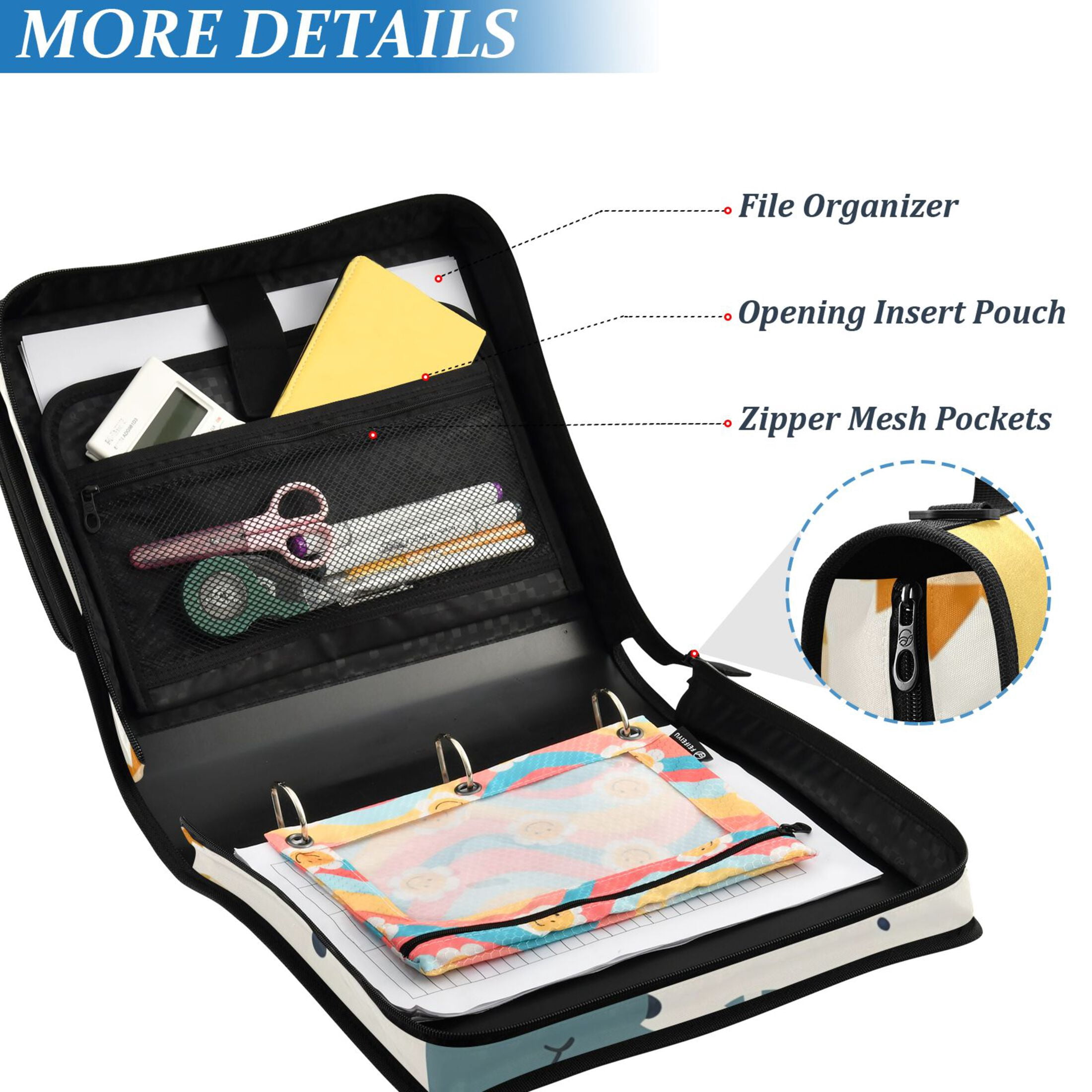 3 Ring Zipper Binder with Shoulder Strap Waterproof Trapper Keeper 2 Inch D-Ring 500 Sheets Capacity Cartoon Dinosaurs with Leaf