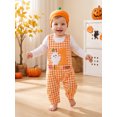 thumbnail image 5 of RUINIXCW Newborn Baby Boy My First Halloween Outfit Infant Boy Fall Winter Clothes Long Sleeve Romper Plaid Overalls Pants Pumpkin Hat 3 Piece Set, 5 of 10