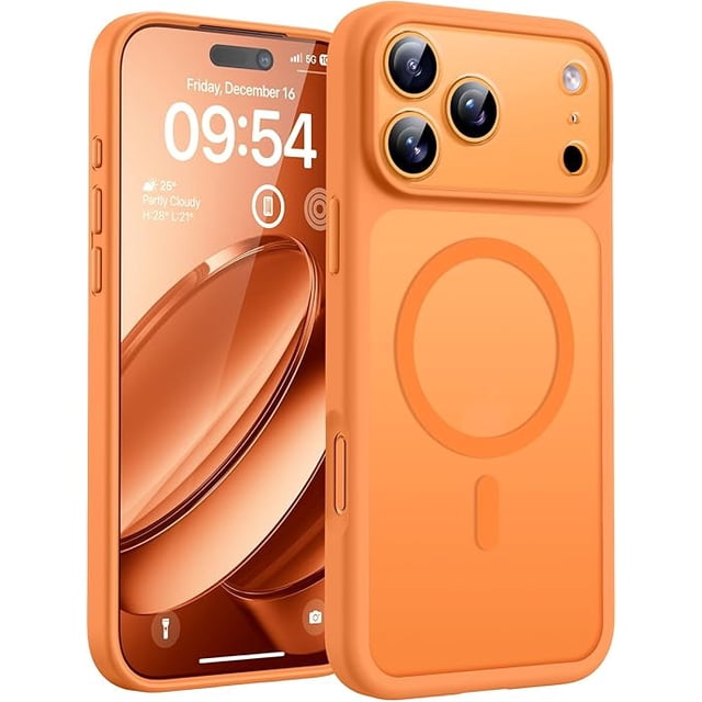 Funda para iPhone 17 Pro Max Naranja, Compatible con MagSafe, Protección contra Caídas, Carcasa Magnética Translúcida Mate con Protección de Cámara 6.9"