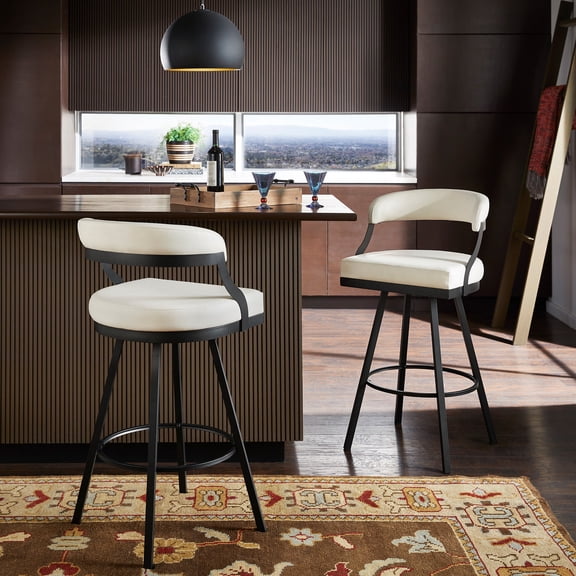 Weston Home Jala Black Finish Metal Vegan Leather Swivel Bar Height Chair, Set of 2, White