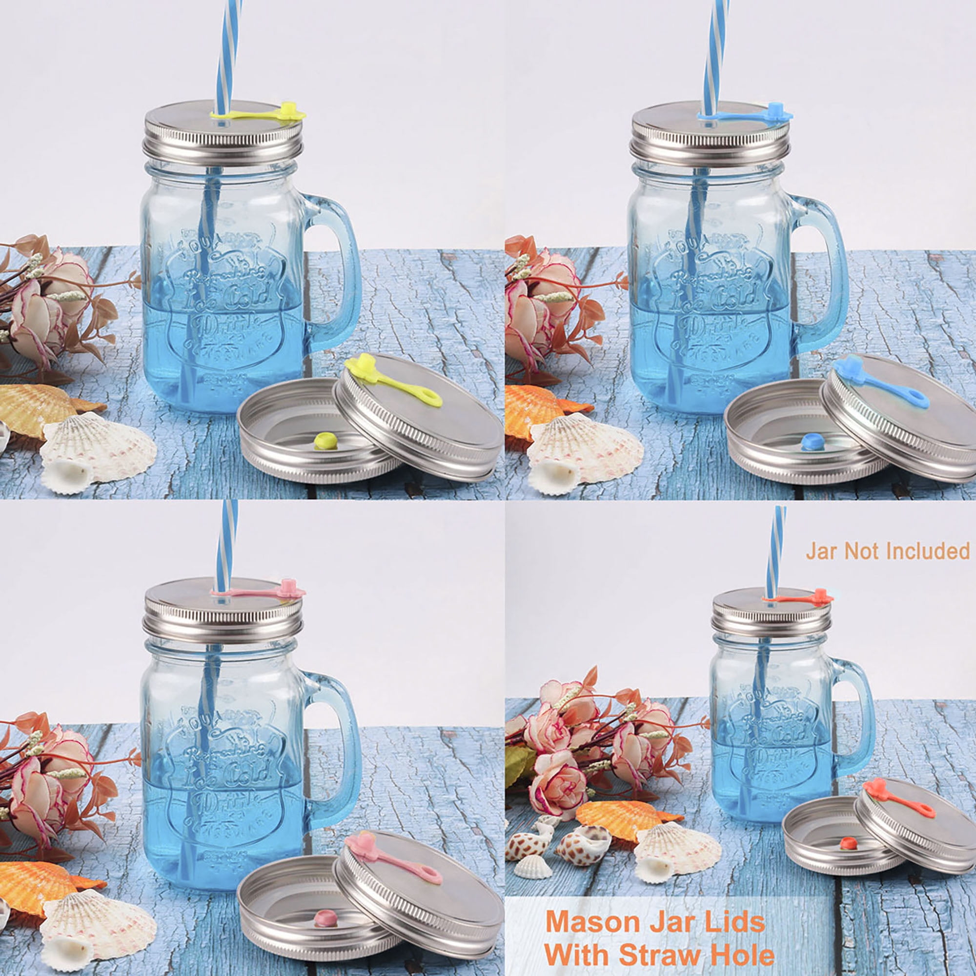 4pcs Stainless Steel Wide Mouth Mason Jar Lids with Straw Hole for