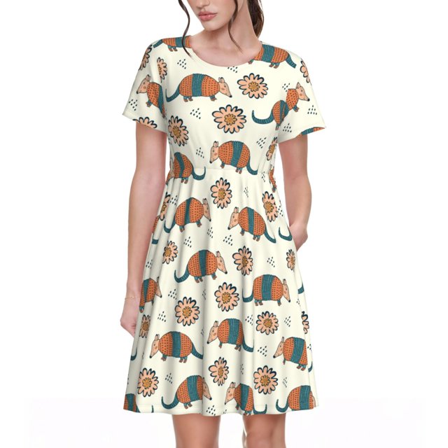 Disketp Colorful Armadillos1 para Vestido de Manga Corta para Mujeres, Vestidos de Verano para Mujeres, Casual y Holgado para la Playa