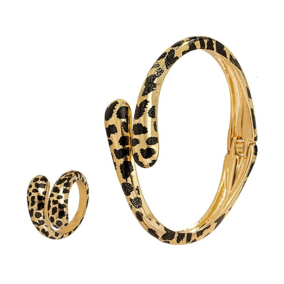 lanema Alloy Leopard Pattern Jewelry Set Adjustable Opening Bangle and Rings for Women Fashionable Animal Print Accessories