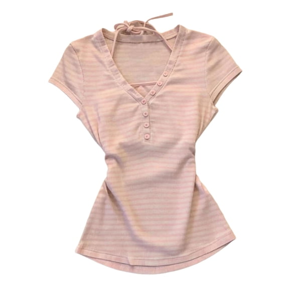 LIIPEE Womens Summer T Shirts Stripes Print V Neck Short Sleeve Basic T Shirt Ladies Casual Comfortable Everyday Tees,S