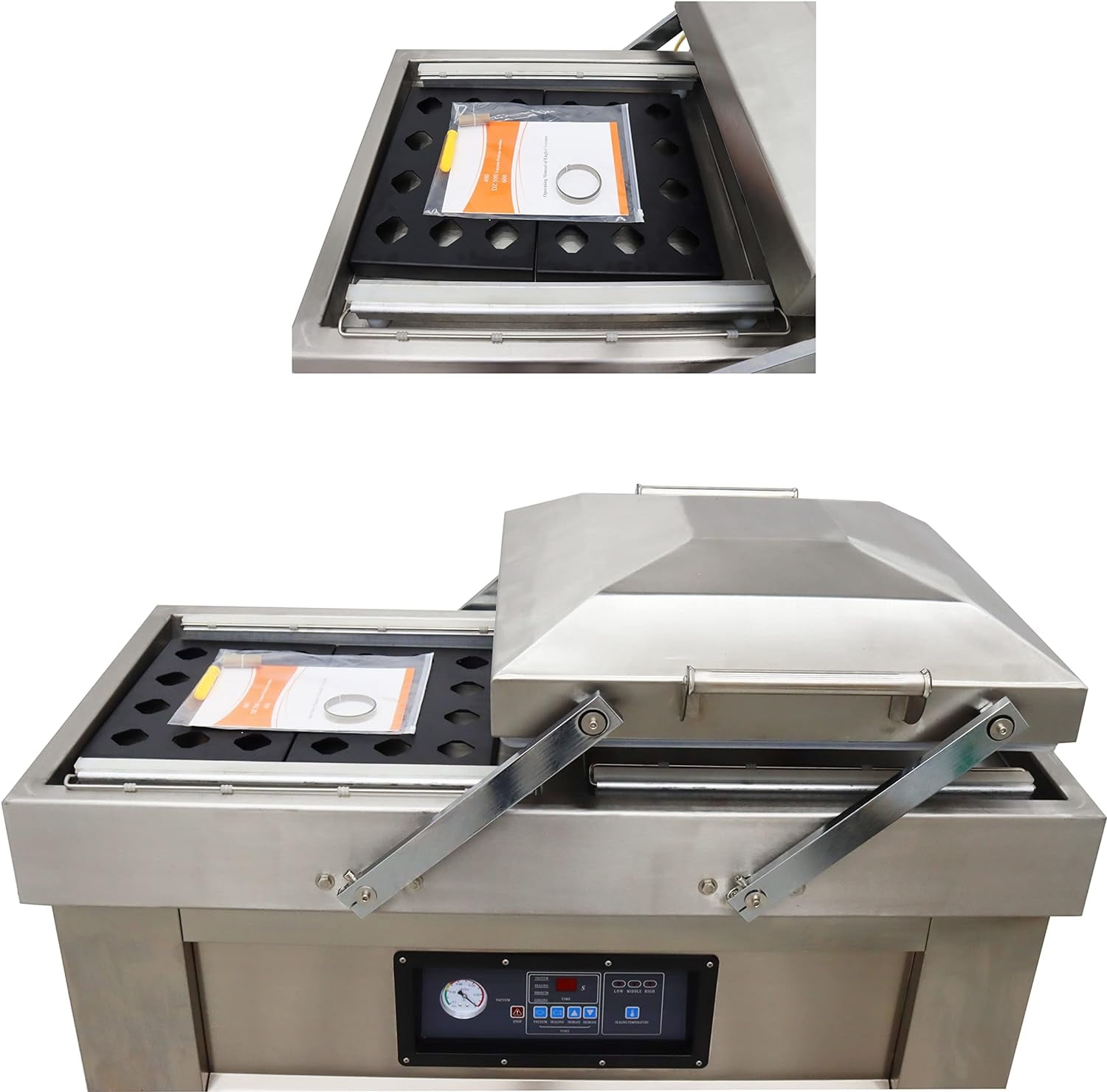 EQCOTWEA Vacuum Sealer Packaging Machine Two Chambers for Meat Fruits Vegetables Stainless Steel Sealing Length 20"