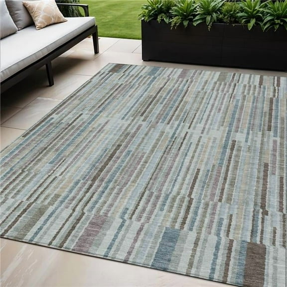 HomeRoots 631564 5 x 8 ft. Teal Blue & Brown Striped Washable Indoor & Outdoor Rectangle Area Rug