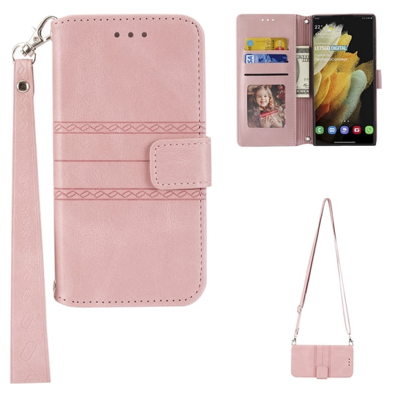 TECH CIRCLE Galaxy S22 Ultra 5G Phone Crossbody Handbag Case 6.8" with Stand Shoulder & Wrist Strap Card Slots Embossed PU Leather Soft TPU Folio Wallet Shockproof Cover for S22 Ultra 2022, Pink