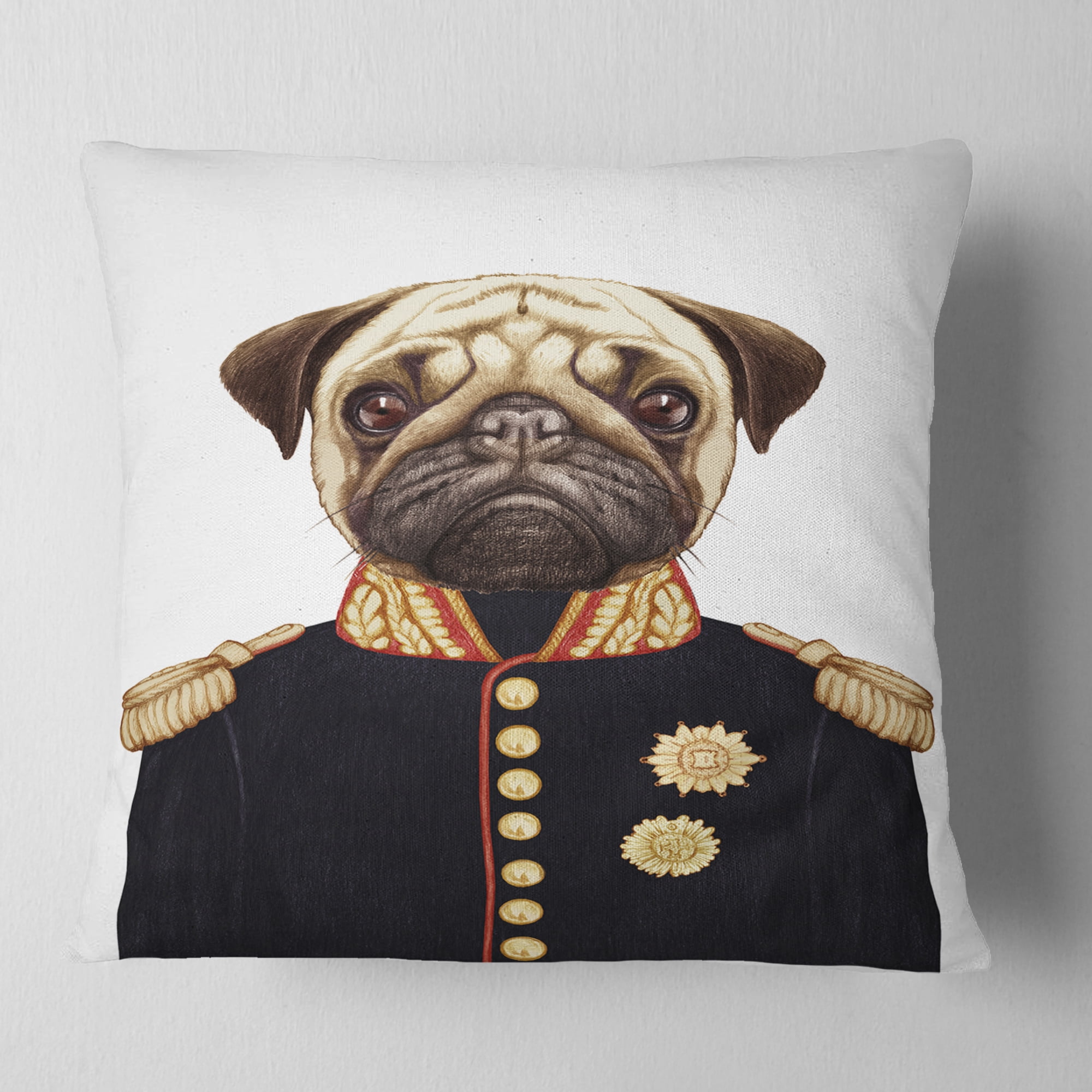 Designart Funny Pug Dog in Military Uniform - Animal Throw Pillow - 18x18