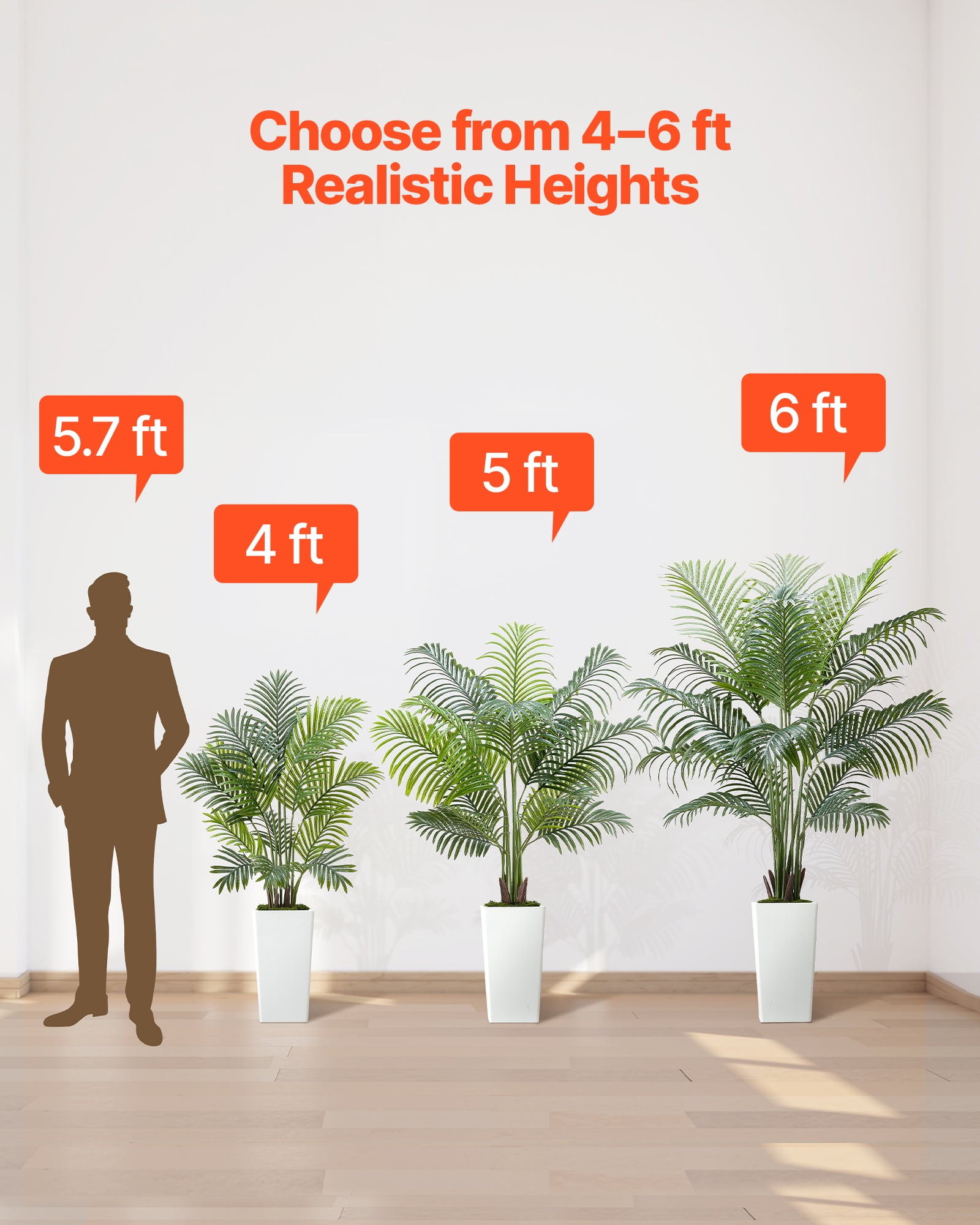 VEVOR Artificial Areca Palms 4 ft, 2 Pack Fake Palm Tropical Plants with White Tall Planter, Faux Floor Silk Plant in Pot, Large Tree for Home Office Living Room Decor House Warming, Indoor Outdoor