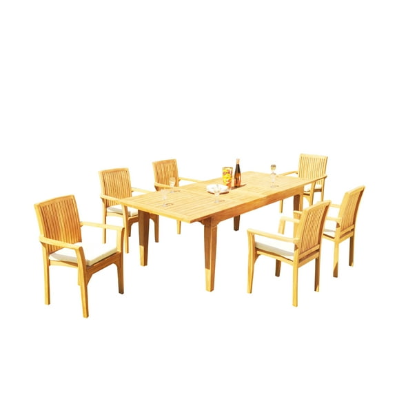 Grade-A Teak Dining Set: 6 Seater 7 Pc: 122" Caranas Rectangle Table And 6 Lua Stacking Arm Chairs Outdoor Patio WholesaleTeak #51LU2907