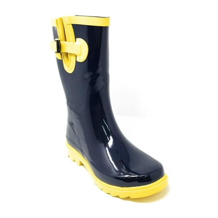 

Women Classic Mid-Calf 11 Two-Tone Navy & Yellow Waterproof Rubber Rain Boots Wellies