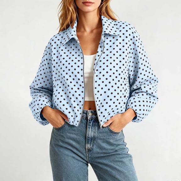 Vmvidoty Womens Polka Dot Cropped Jacket Zip Up 2026 Trendy Casual Fashion Jacket Coat with Pockets Light Blue XS