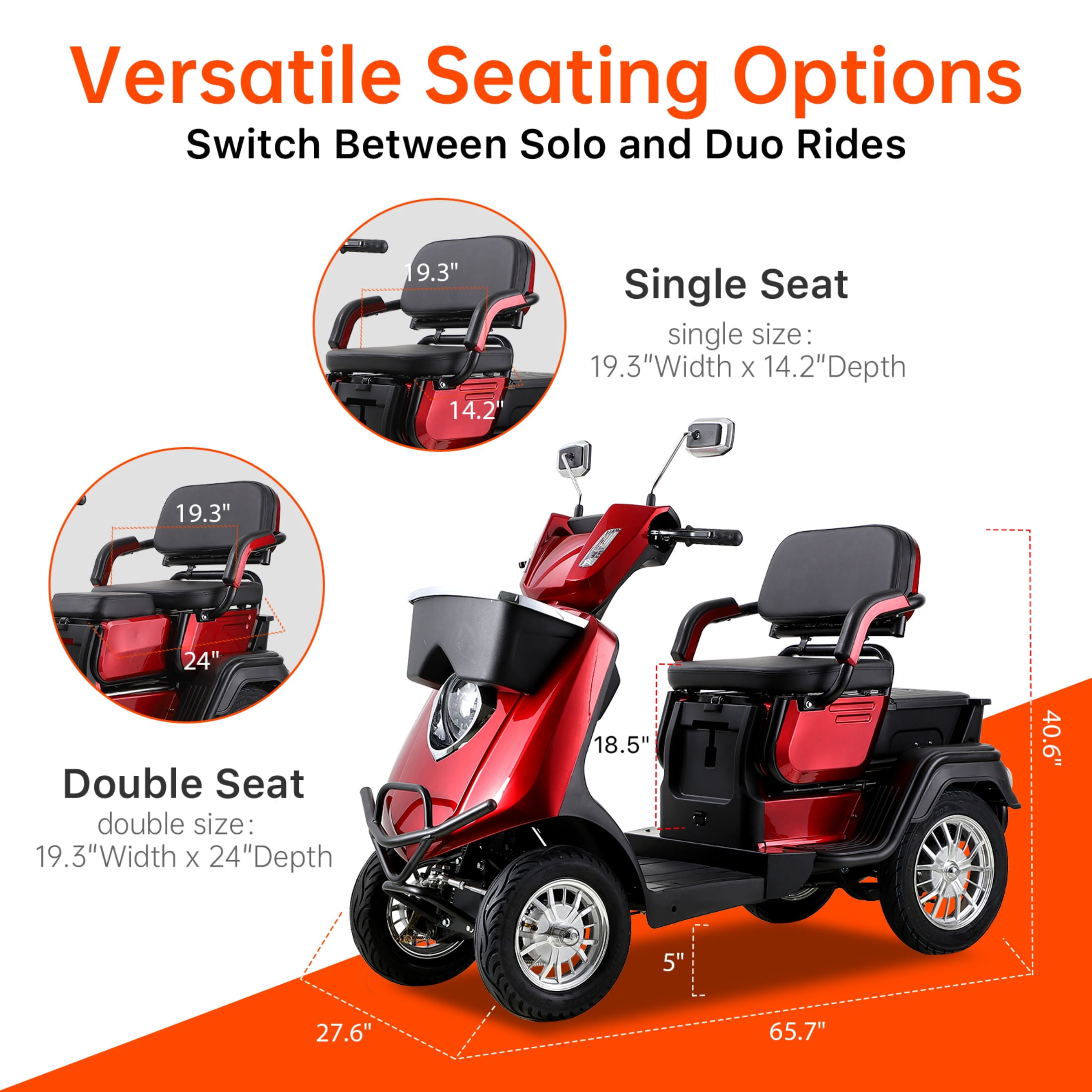 QEEKA 4-Wheel Mobility Scooter, 2-Seater Electric Scooter with Adjustable Seat, 500 lb Capacity, Red