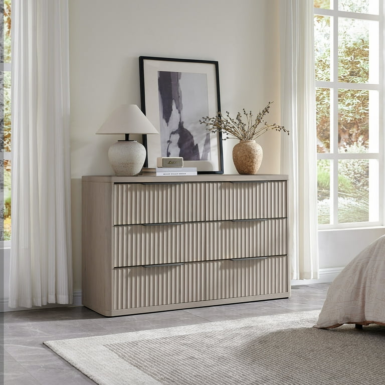SICOTAS 3-Piece Farmhouse Bedroom Dresser and Nightstand Sets, Fluted  6-Drawer Dresser, 3 Drawer Nightstand Set of 2, Grey