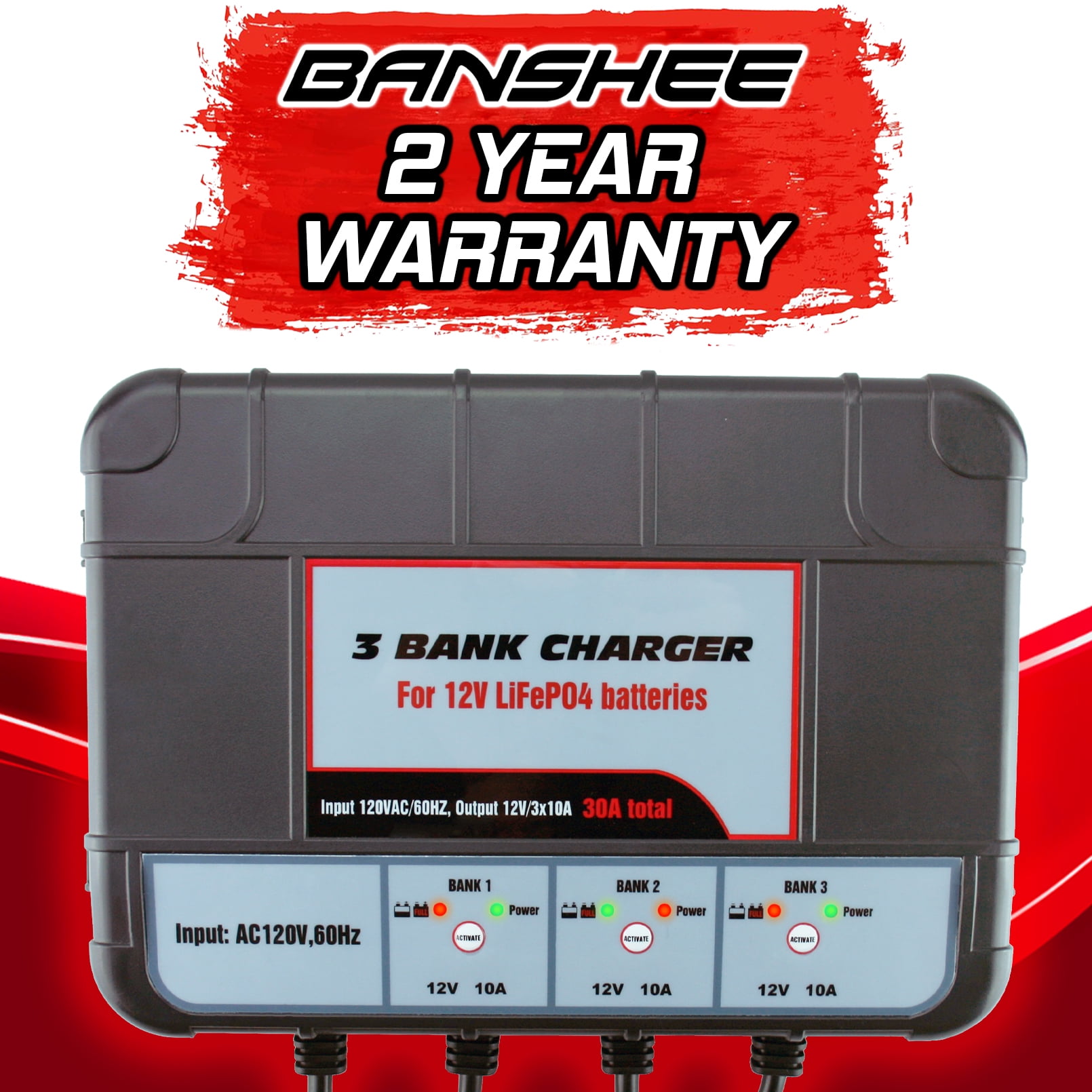 Banshee Lithium LiFePO4 3 Bay 12v Smart Charger/Tender for Car Motorcycle Truck Boat Battery