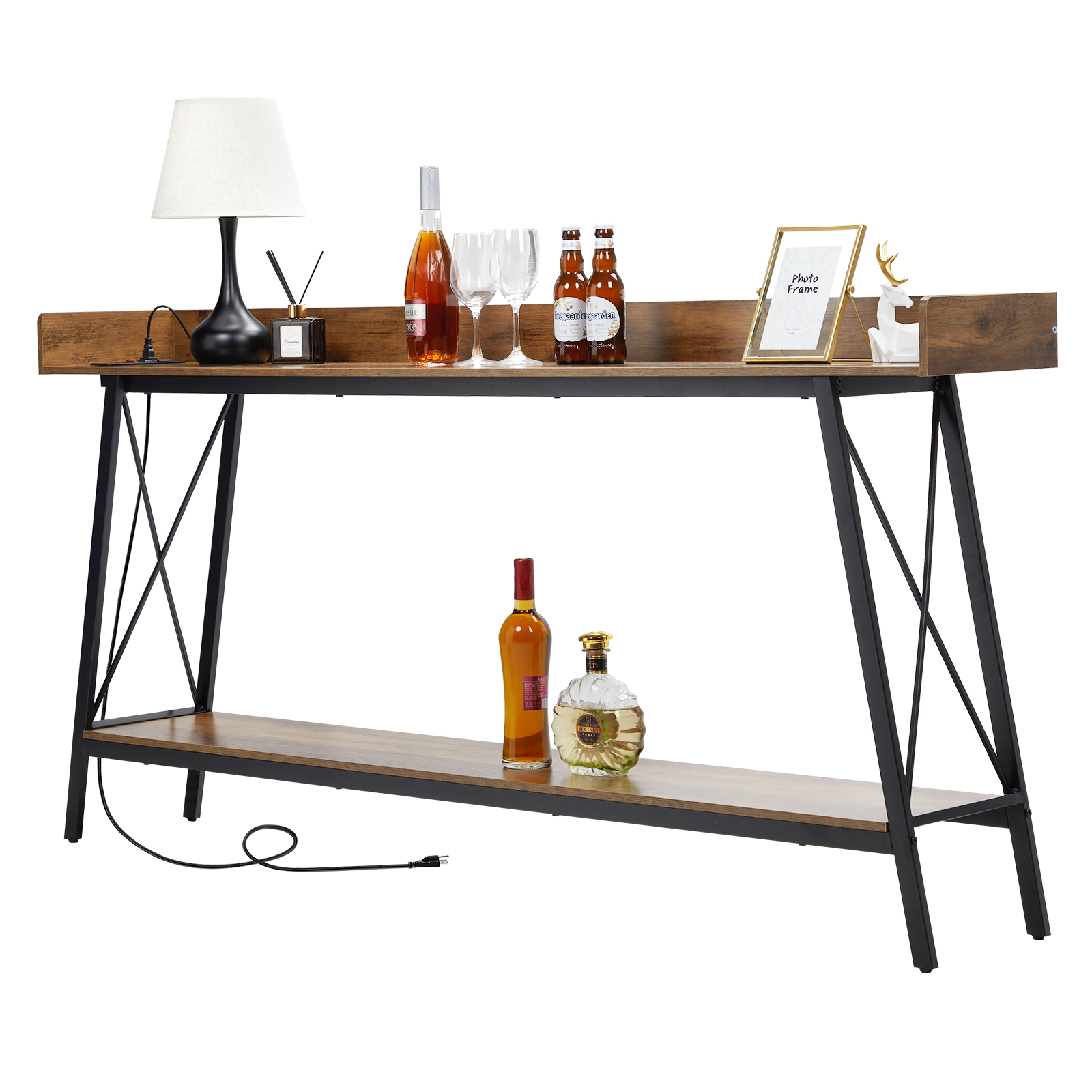 Ktaxon 71in Narrow Console Table with 2 Power Outlets & USB Ports, Rustic Sofa Table Behind Couch for Living Room, Narrow Entryway Hallway Long Bar Table, Brown