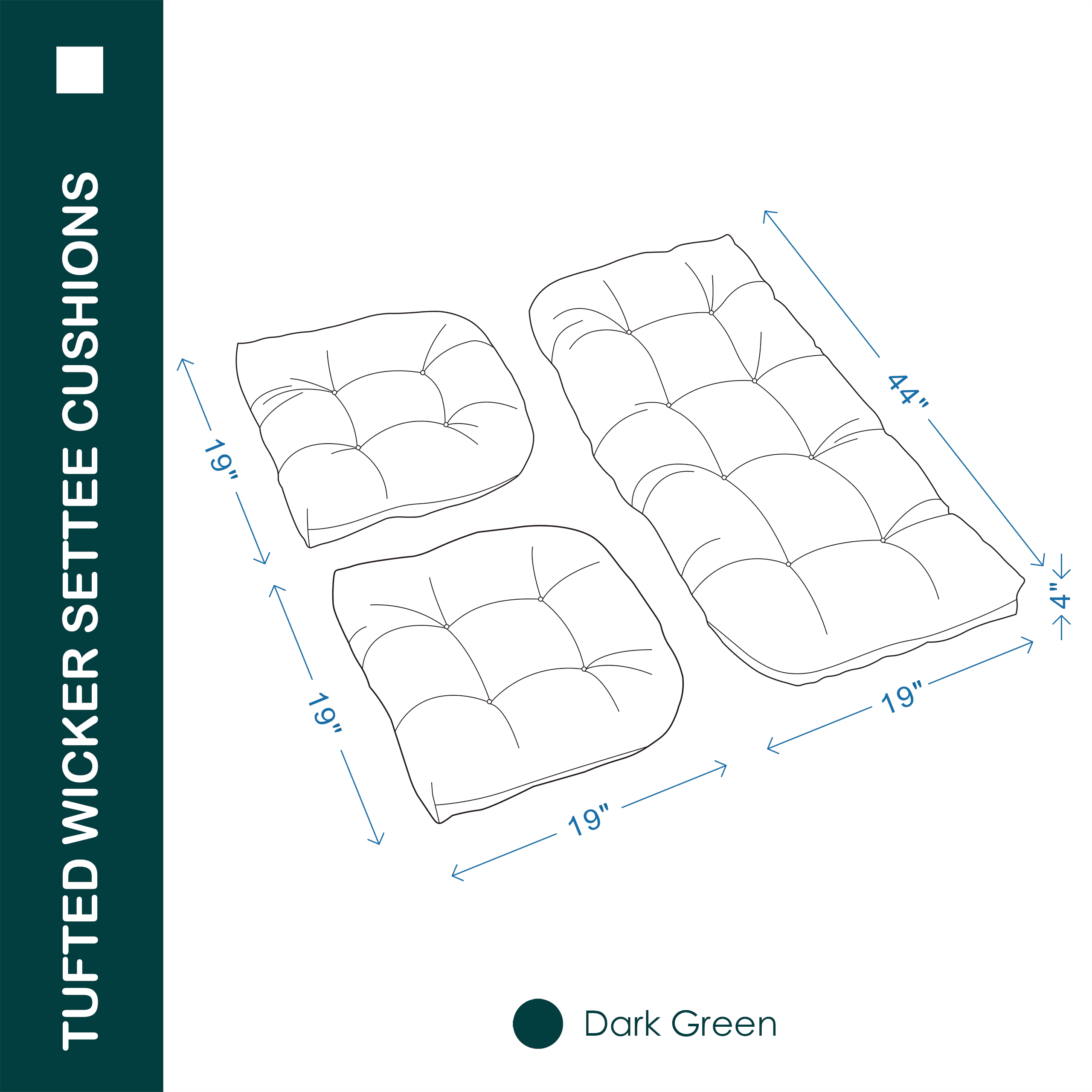 YOOZEKU Outdoor Tufted Wicker Chair Cushions of 3 Pieces, 1 Loveseat and 2 U-Shape All Weather Waterproof Patio Seat Cushions for Wicker Furniture,Bench, Dark Green