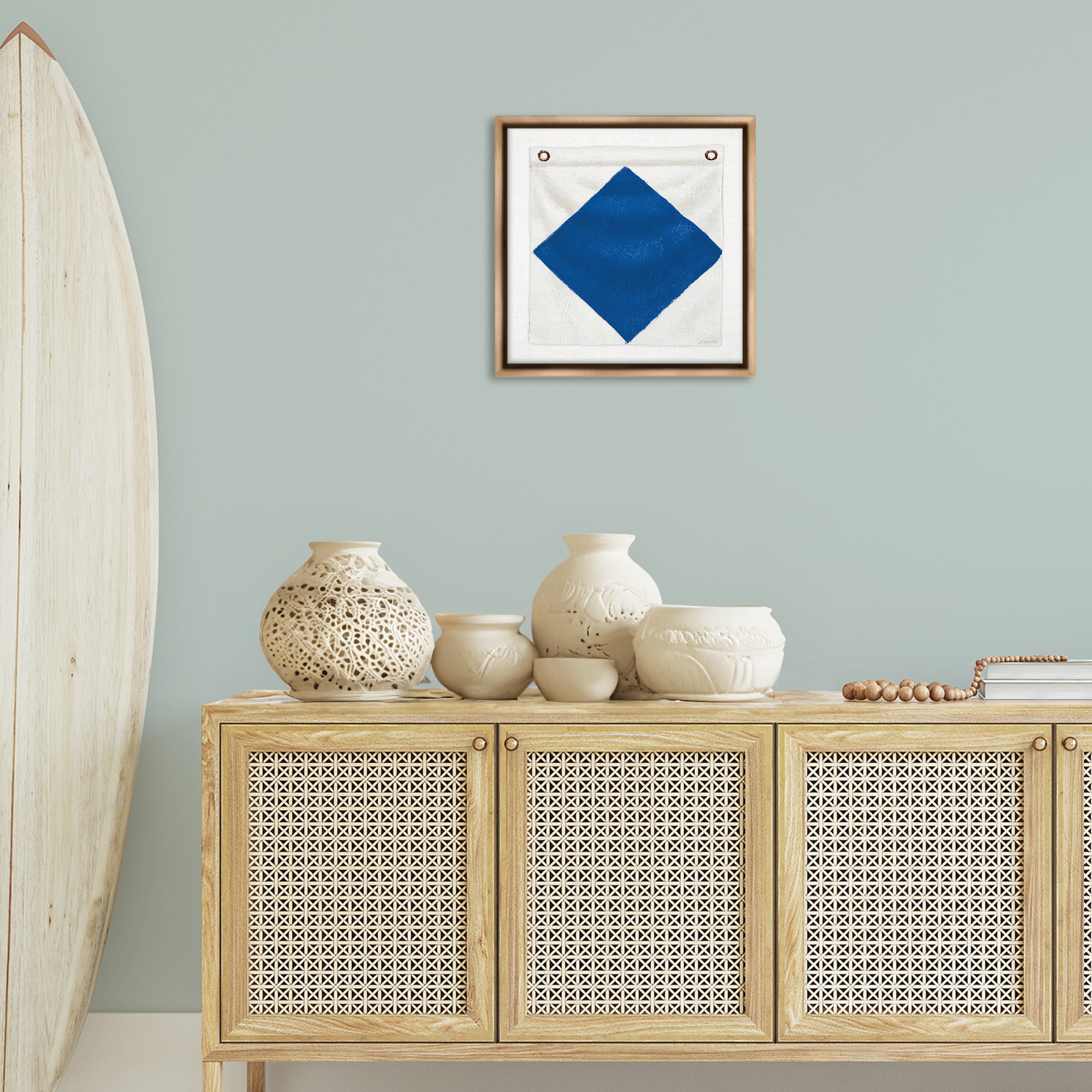 Stupell Industries Blue & White Nautical Flag Nautical & Beach Painting Brown Floater Framed Canvas Art Print Wall Art, 18 x 18