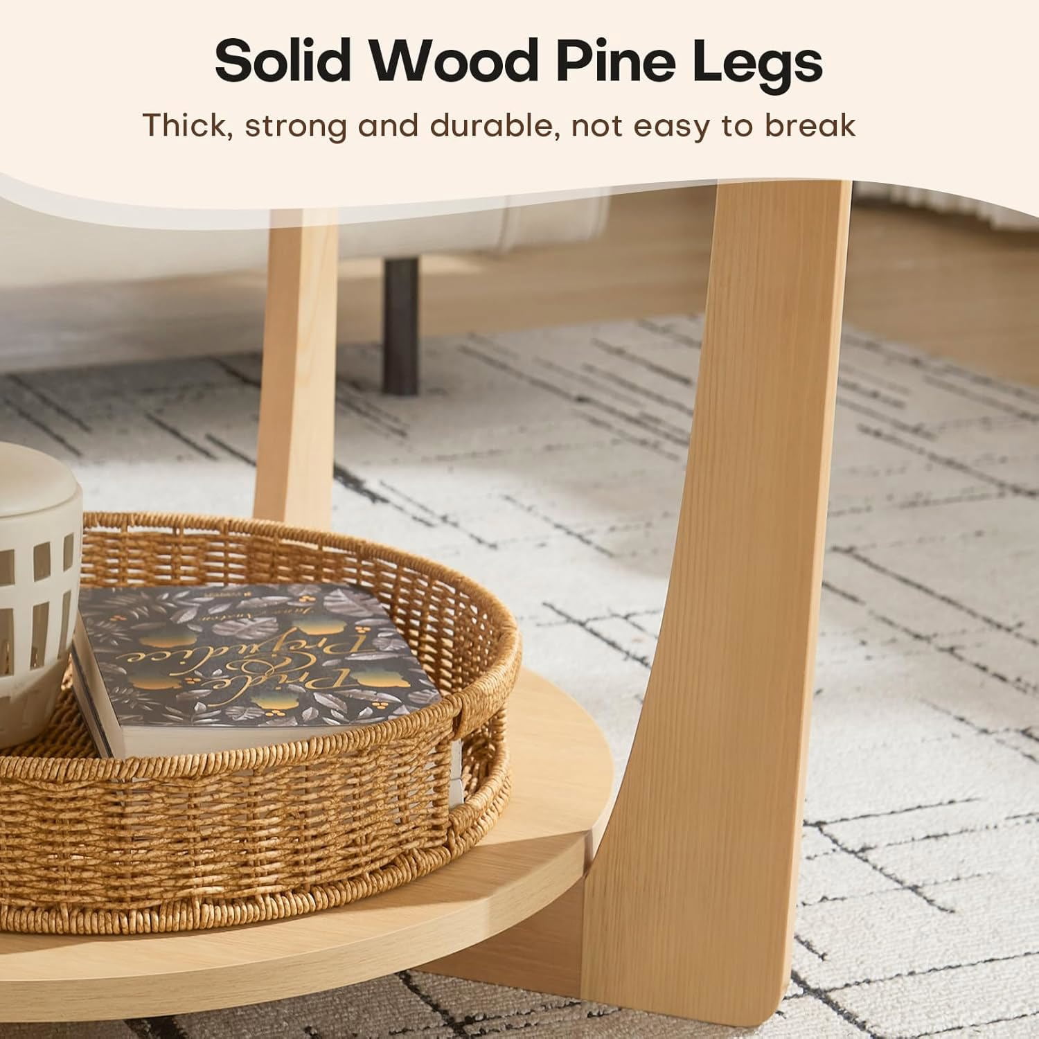Foreate 31.5" Round Coffee Table with Solid Wood Pine Legs, 2-Tier Retro Round Coffee Table with Storage Shelf, Small Modern Wood Circle Center Table for Living Room, Natural