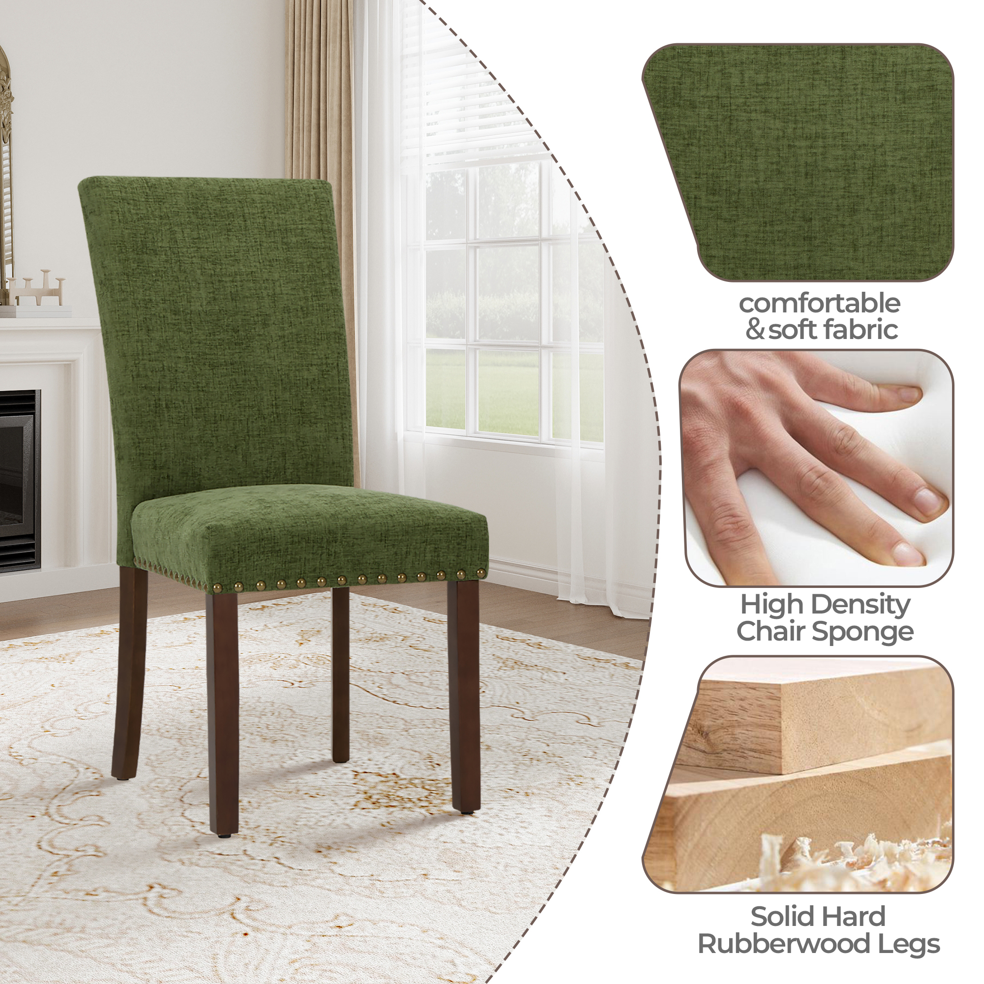 Mid-Century Fabric Dining Chairs Set of 2 with Nailhead Detail and Wooden Legs, Upholstered Side Chairs for Kitchen and Dining Room – Green