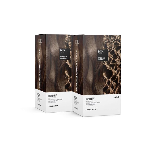 Kit de tinte permanente para cabello IGK | 6AG Riviera Francesa - Marrón beige claro | Cobertura 100% de color gris + Fortalece + Brilla | Sin amoníaco (paquete de 2)