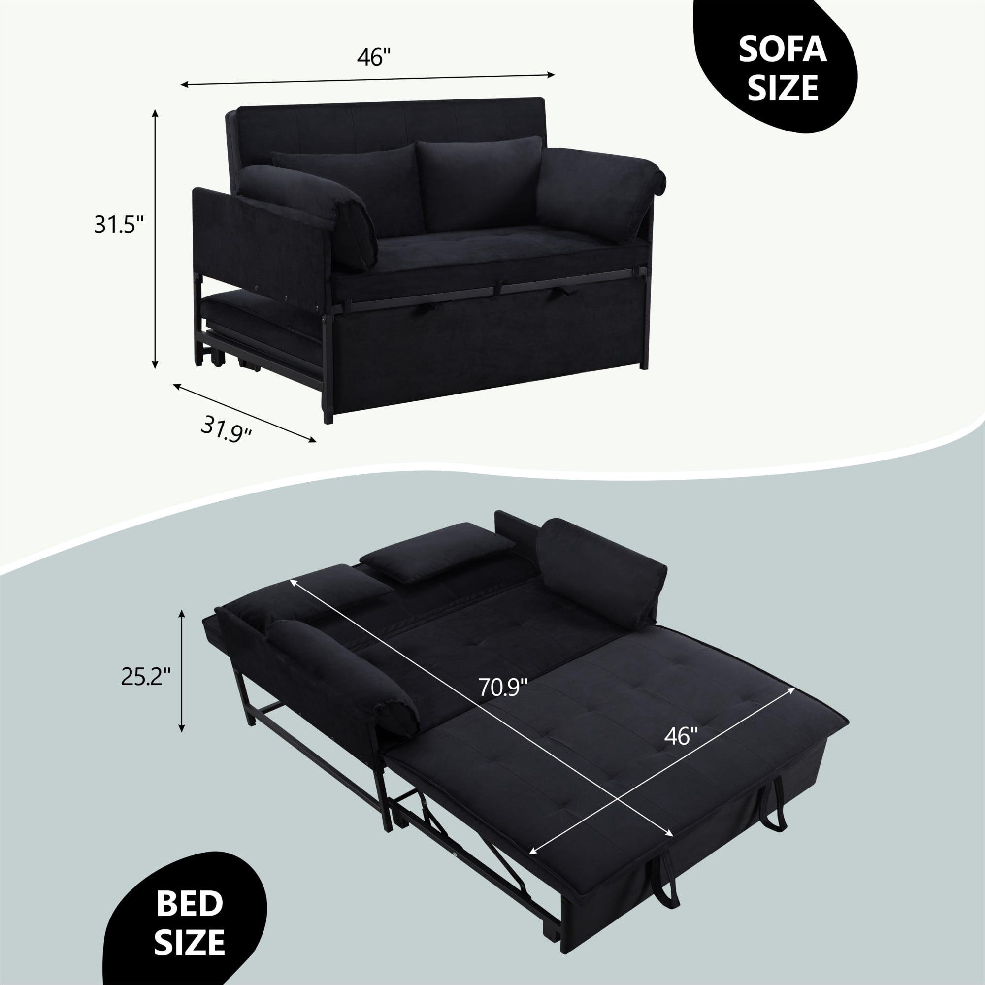 DEALTOPS 46" Velvet Pull-Out Sleeper Sofa Bed, 2-in-1 Convertible Loveseat with 5-Level Reclining Backrest, Black