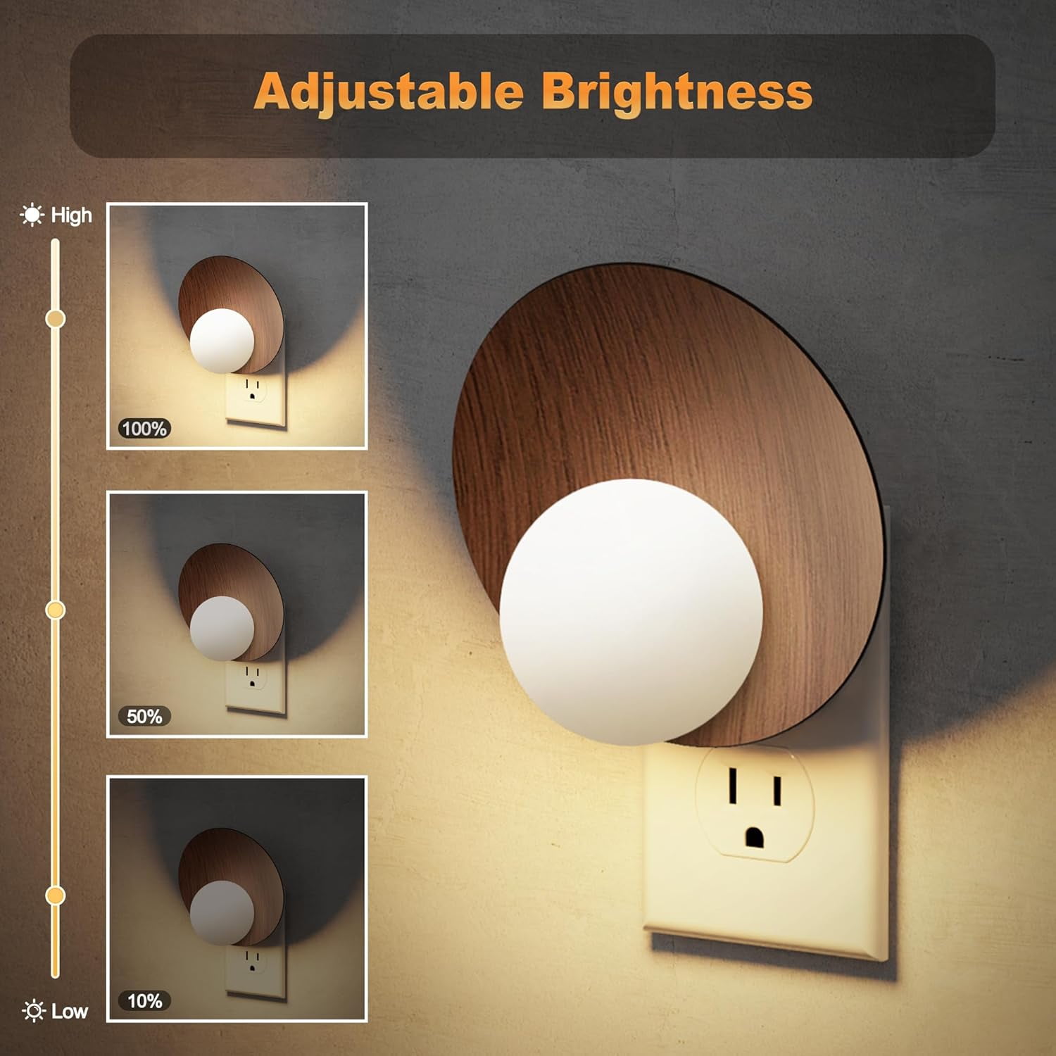 RGHJAR-Night Lights Plug Into Wall, Plug in Night Light, 3000K Warm White, Dusk to Dawn Sensor, Brightness Adujstable Nightlight for Adults, Bedroom, Bathroom, Hallway