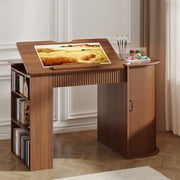 WARAYZ Wood Drawing Desk, Tiltable Drafting Table with Charging Station & Wireless Charging, Storage Cabinet, Drawers & Open Shelves, Walnut