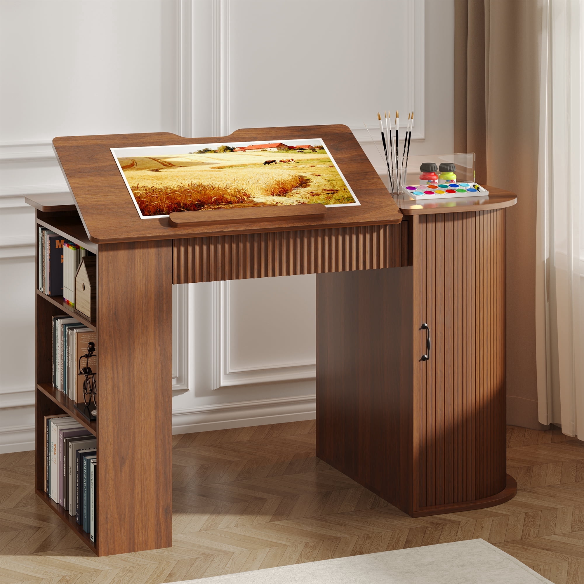 WARAYZ Wood Drawing Desk, Tiltable Drafting Table with Charging Station & Wireless Charging, Storage Cabinet, Drawers & Open Shelves, Walnut