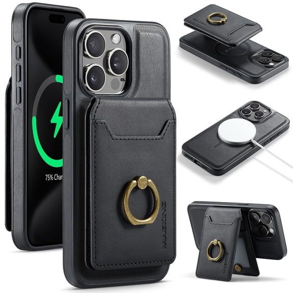 Decase Compatible with iPhone 16 Pro Max 2 in 1 Detachable Card Bag RFID Blocking Wallet Case,Durable PU Leather Wallet Magnetic Case with Card Holder Card Slots Phone Cover with Ring Stand,Black