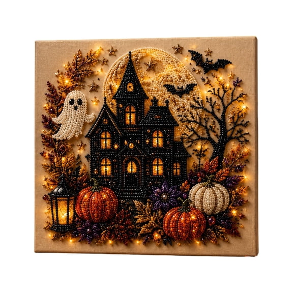 Halloween Pearl Diamond Art Diy Kit, Spooky Halloween Wall Art, Light Up Halloween Decorations, Haunted House Diamond Art Canvas Kit, Engaging 6-Element Castle Bat Ghost Pumpkin
