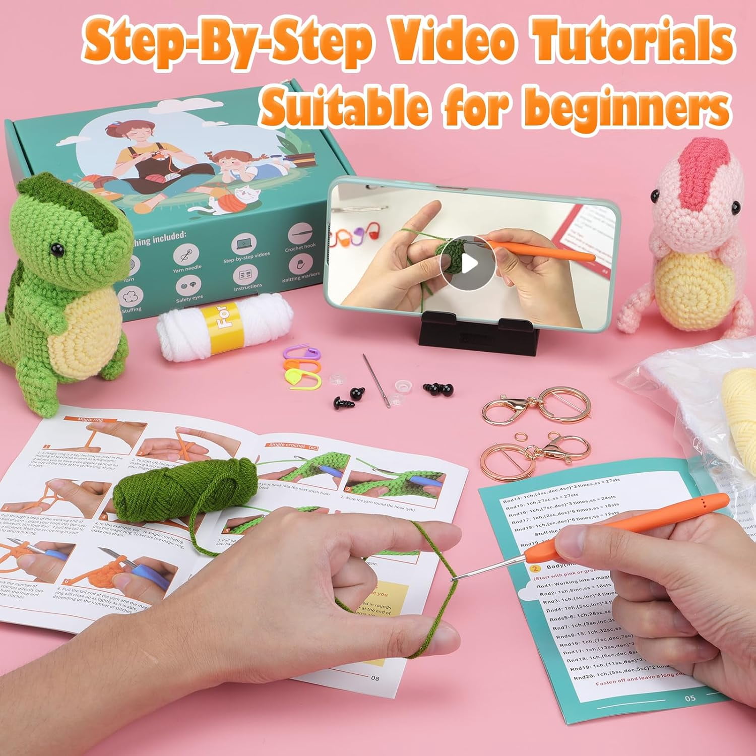 Wiher Crochet Kit for Beginners, 2PCS Ankylosaur Crochet Animal Kit, Knitting Kit for Adult Kids with Step-by-Step Video Tutorials, Instructions, Yarns, Hook and Accessories