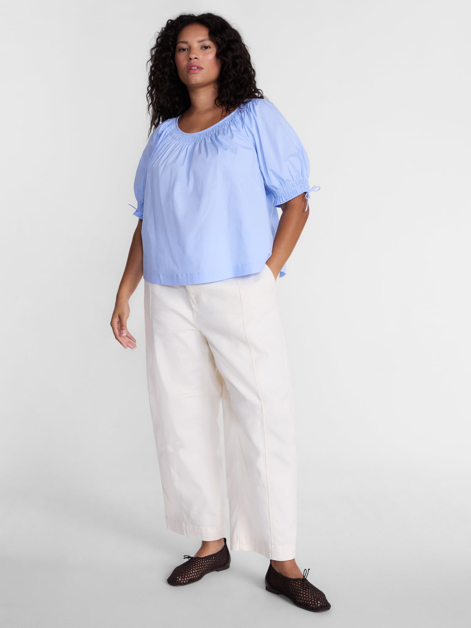Terra & Sky Women's Plus Scoop Neck Top with Short Tie Puff Sleeves, Sizes 0X-5X