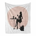 thumbnail image 1 of Vintage Woman Soft Flannel Fleece Blanket, Silhouette of a Woman Drinking Tea at a Cafe After Shopping Theme, Cozy Plush for Indoor and Outdoor Use, 50" x 70", Pale Peach Black White, by Ambesonne, 1 of 6