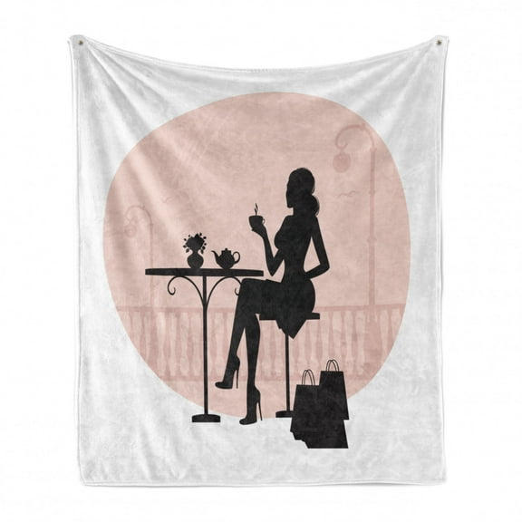 Vintage Woman Soft Flannel Fleece Blanket, Silhouette of a Woman Drinking Tea at a Cafe After Shopping Theme, Cozy Plush for Indoor and Outdoor Use, 50" x 70", Pale Peach Black White, by Ambesonne