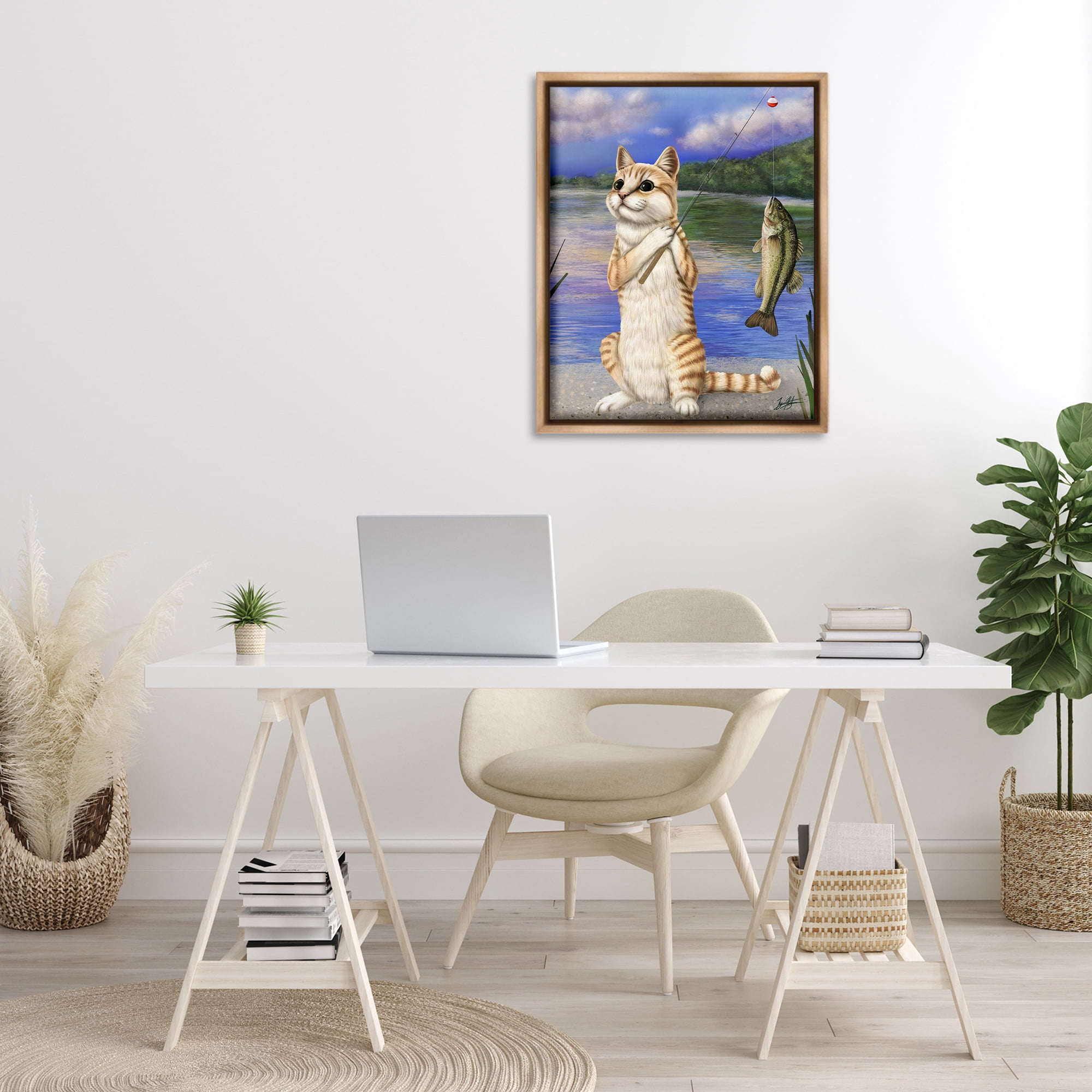 Stupell Industries Fishing Cat by Lake Animals & Insects Painting Brown Floater Framed Canvas Art Print Wall Art, 25 x 31