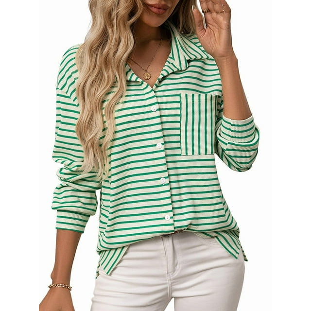 Womens Button Down Shirts Striped Classic Long Sleeve Collared Office Work Blouses Tops with Pocket Green XL