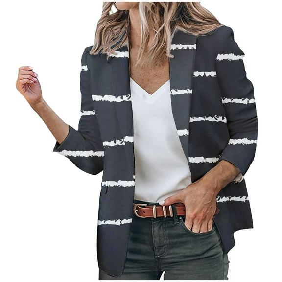 WXLWZYWL Winter Coats for Women Plus Size Clearance Women'S Casual Blazer Open Front Lapel Long Sleeve Stripe Print Pocket Suit Work Office Jackets Blazer