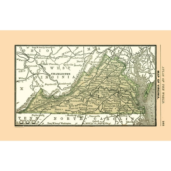 Historic State Map - Virginia - Alden 1886 - 35.57 x 23 - Vintage Wall Art