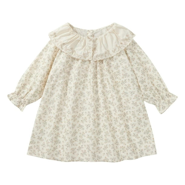 Odeerbi 2-10 Años Niñas Princesas Vestidos Florales Cuello Peter Pan Vestido Algodón Cuello Redondo Plisado Vestido Manga Larga