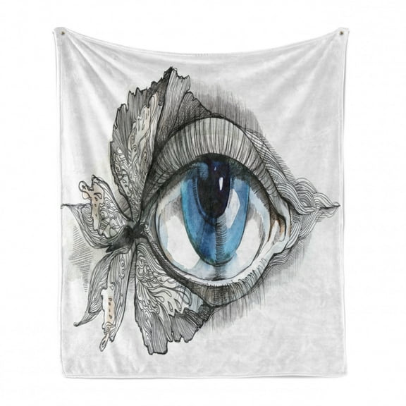 Eye Soft Flannel Fleece Throw Blanket, Abstract Human Eye with Butterfly Eyelashes Painting Style Dreamy Female Look, Cozy Plush for Indoor and Outdoor Use, 50" x 60", Black White Blue, by Ambesonne