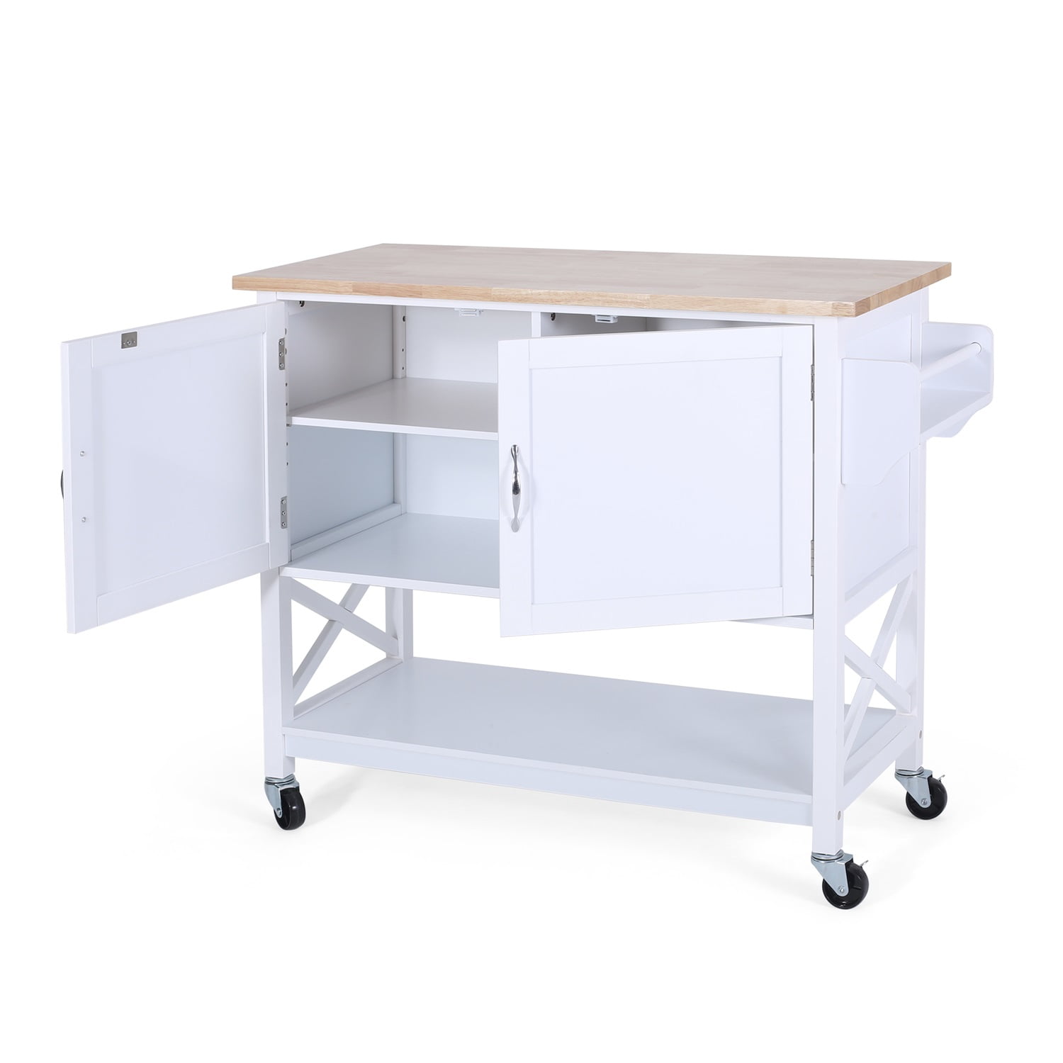 Kadyn Farmhouse Kitchen Island Cart with Doors, Kitchen Cart with Wheels, Rubberwood Kitchen Cart for Kitchen, White and Natural Kadyn Farmhouse Kitchen Island Cart with Doors, Kitchen Cart with Wheels, Rubberwood Kitchen Cart for Kitchen, White and Natural