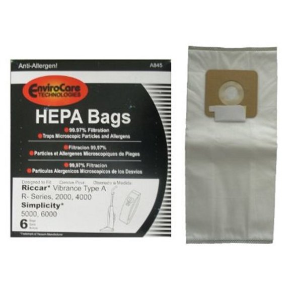 Riccar 2000 Series & Simplicity 5000 Upright Type A Anti-Allergen Hepa Bags 6 Pk Part - A845