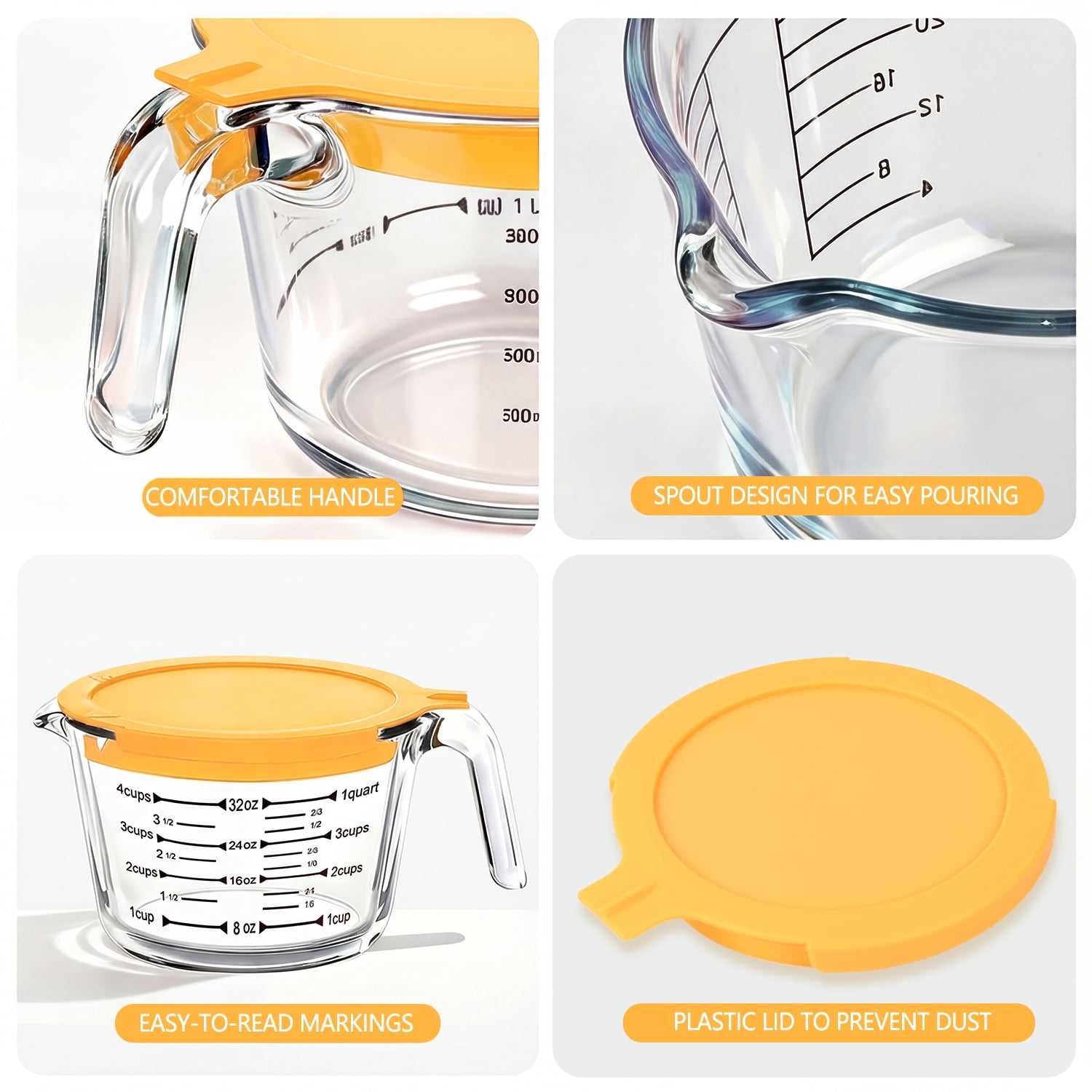TAIMASI 9 Pcs Glass Measuring Cups Set with Lids, 4-Cup, 2-Cup, 1-Cup, 5 oz Liquid Measuring Cups & 5 Measuring Spoons | Microwave, Freezer & Dishwasher Safe，Yellow