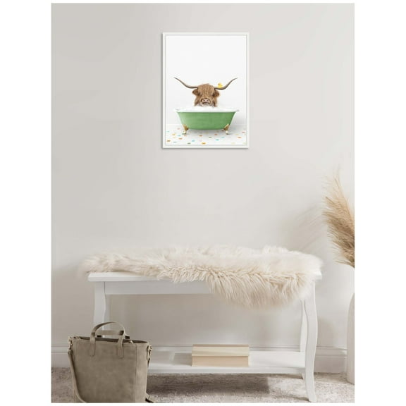 Kate and Laurel Highland Cow in Green Bathtub on Colored Tile Framed Canvas Wall Art by Amy Peterson 18 x 24 Sylvie White, Whimsical, Animals, Bathroom, Humor Art for Wall Decor, Living Room, Bedroom
