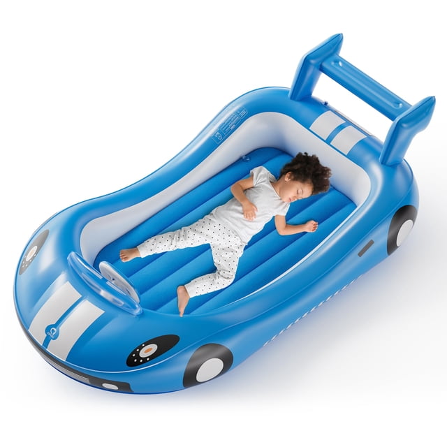 Cama inflable para niños QPAU para niños pequeños con laterales y bomba manual azul